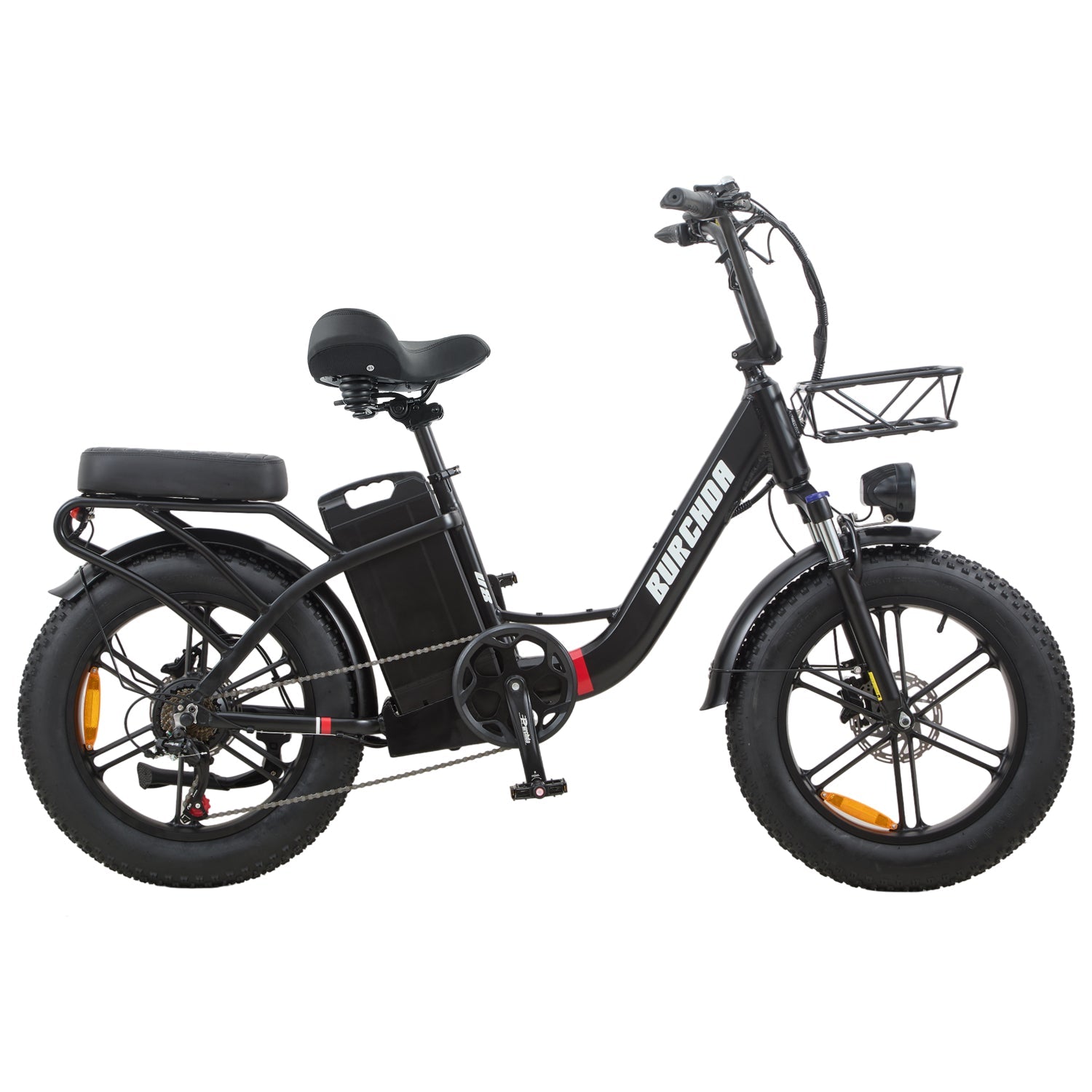 Black Burchda U8 step-through e-bike with adjustable front fork and oversized comfort saddle
