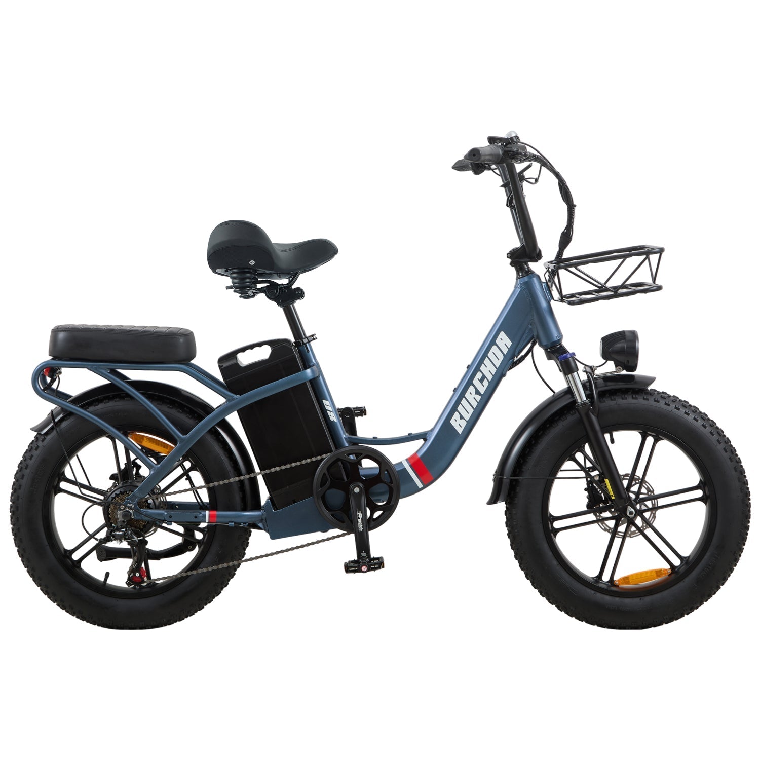 Blue Burchda U8 fat tire electric bike for mountain, snow, and urban riding